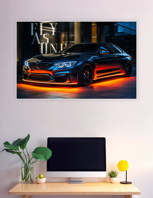 Black BMW M4 with orange neon underglow lighting and 'Fly As One' typography on a dark urban night background poster print