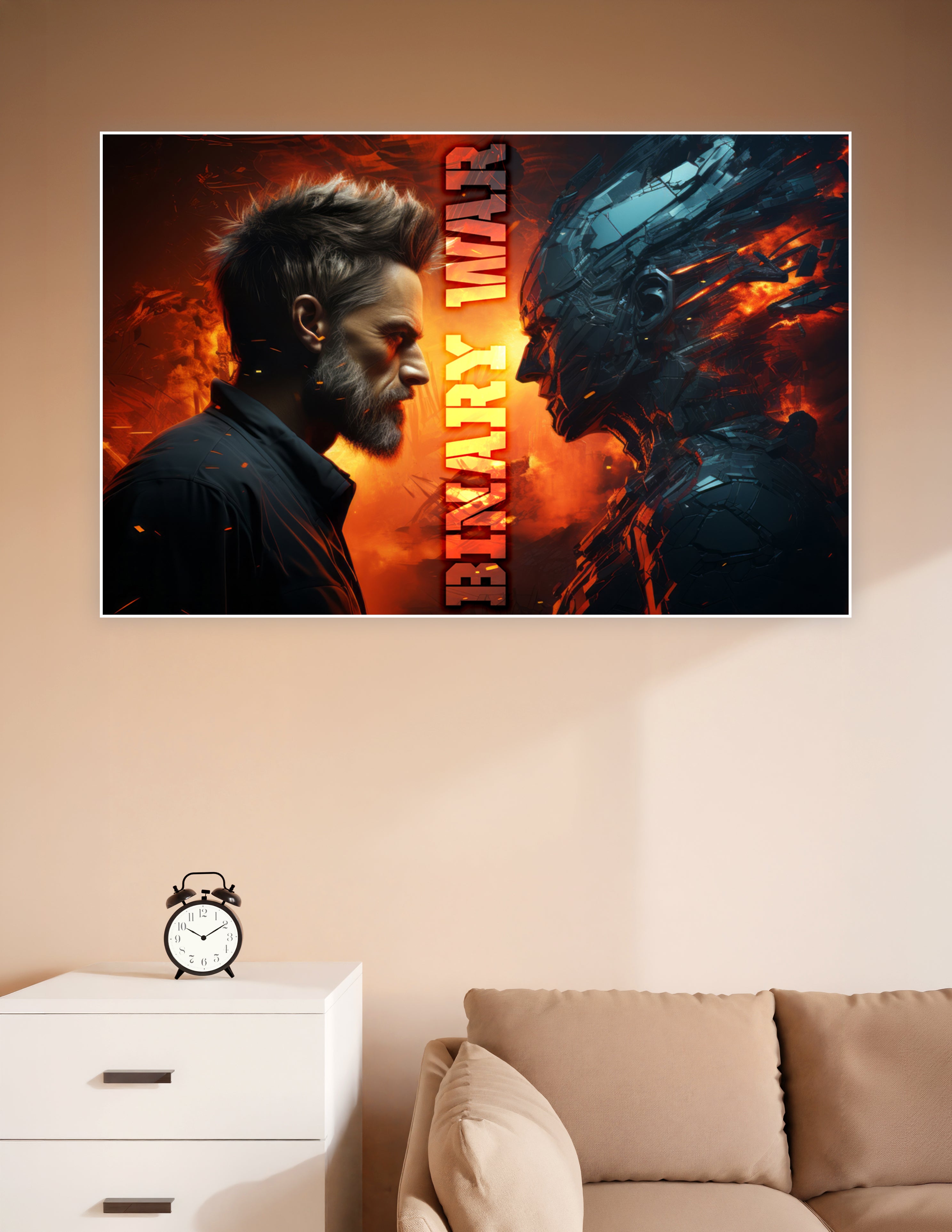 Binary War poster showing a bearded man facing a dark robotic figure against a fiery orange apocalyptic background with bold vertical title text