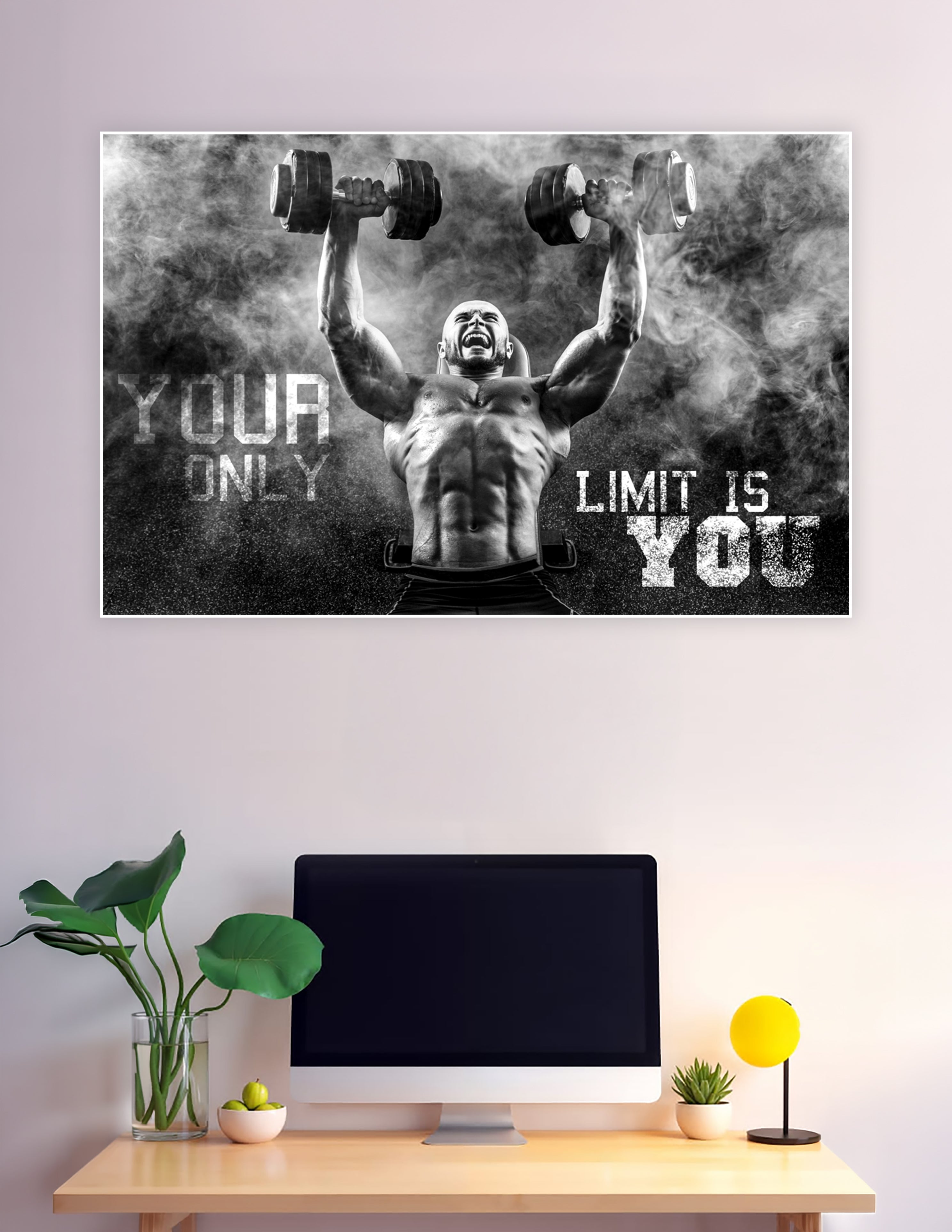 Black and white motivational gym poster of a muscular bald man lifting dumbbells overhead through smoke with the text Your Only Limit Is You
