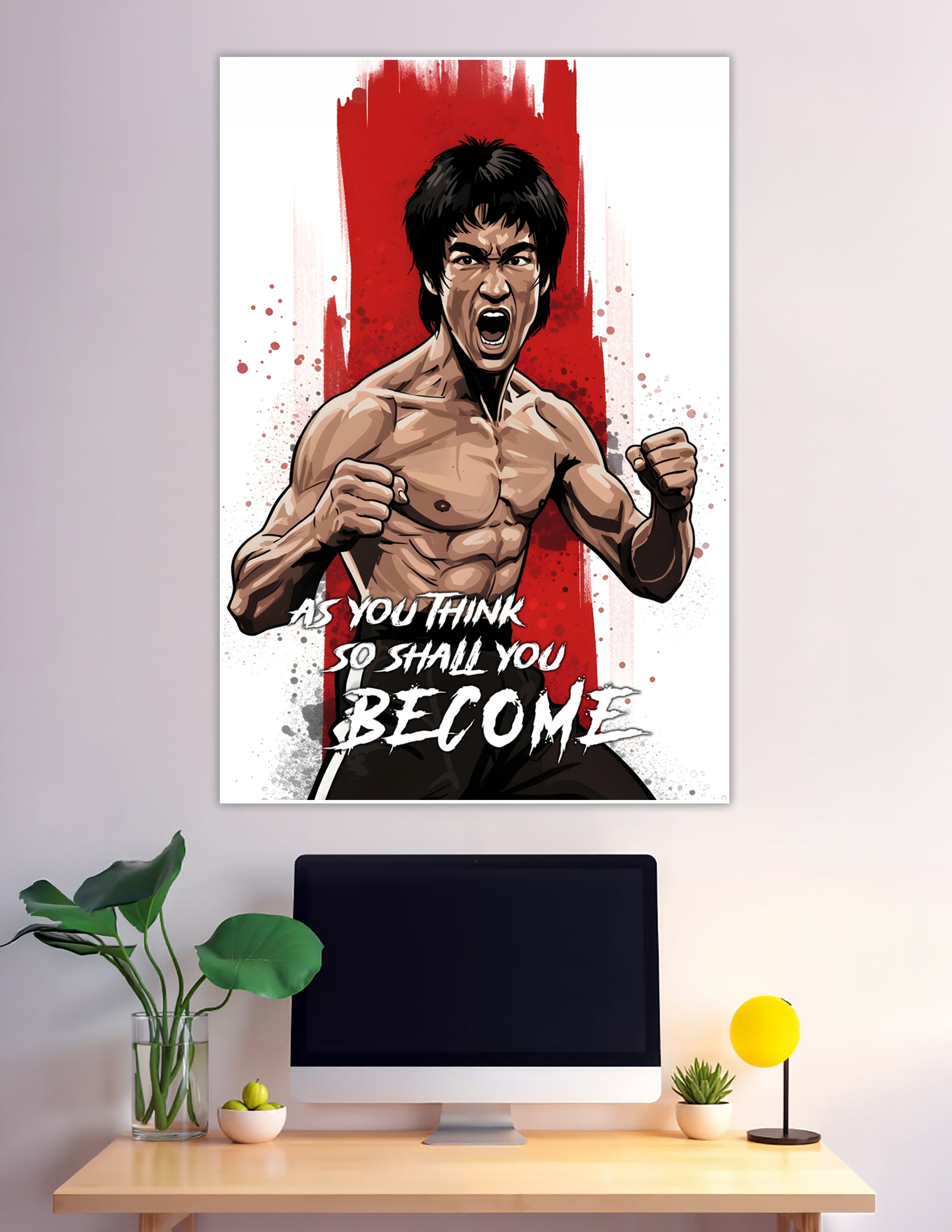 Illustrated Bruce Lee martial arts poster with red brushstroke background and motivational quote 'As You Think So Shall You Become' in bold white typography