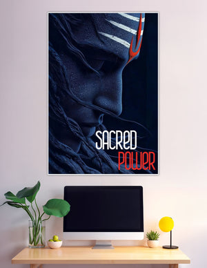 Close-up digital art poster of Lord Shiva in deep navy blue tones with white and red sacred tilak markings on forehead, titled Sacred Power