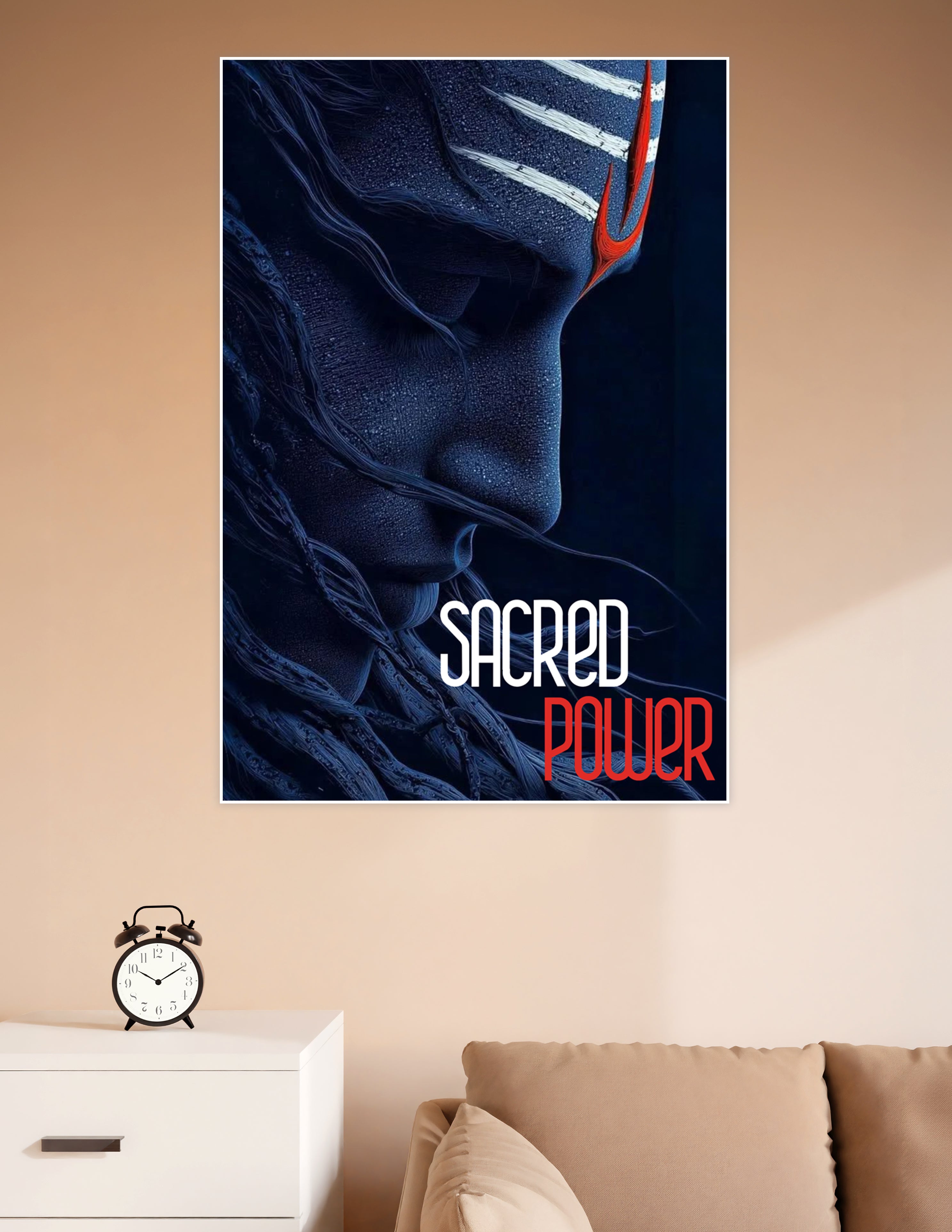 Close-up digital art poster of Lord Shiva in deep navy blue tones with white and red sacred tilak markings on forehead, titled Sacred Power
