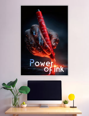 Hand holding glowing red fountain pen with binary cityscape