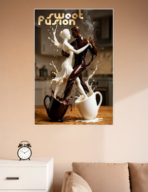 Surreal liquid art poster showing a dancing couple formed from swirling dark coffee and white milk rising from two cups, titled Sweet Fusion