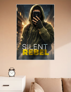 Hooded figure holding a phone against a dramatic glowing city night backdrop with the text Silent Rebel on a premium matte wall poster