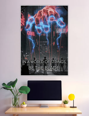 Cyberpunk poster showing a giant holographic hand pulling glowing puppet strings over silhouetted figures in a neon city with the quote In A World Of Strings Be The Blade