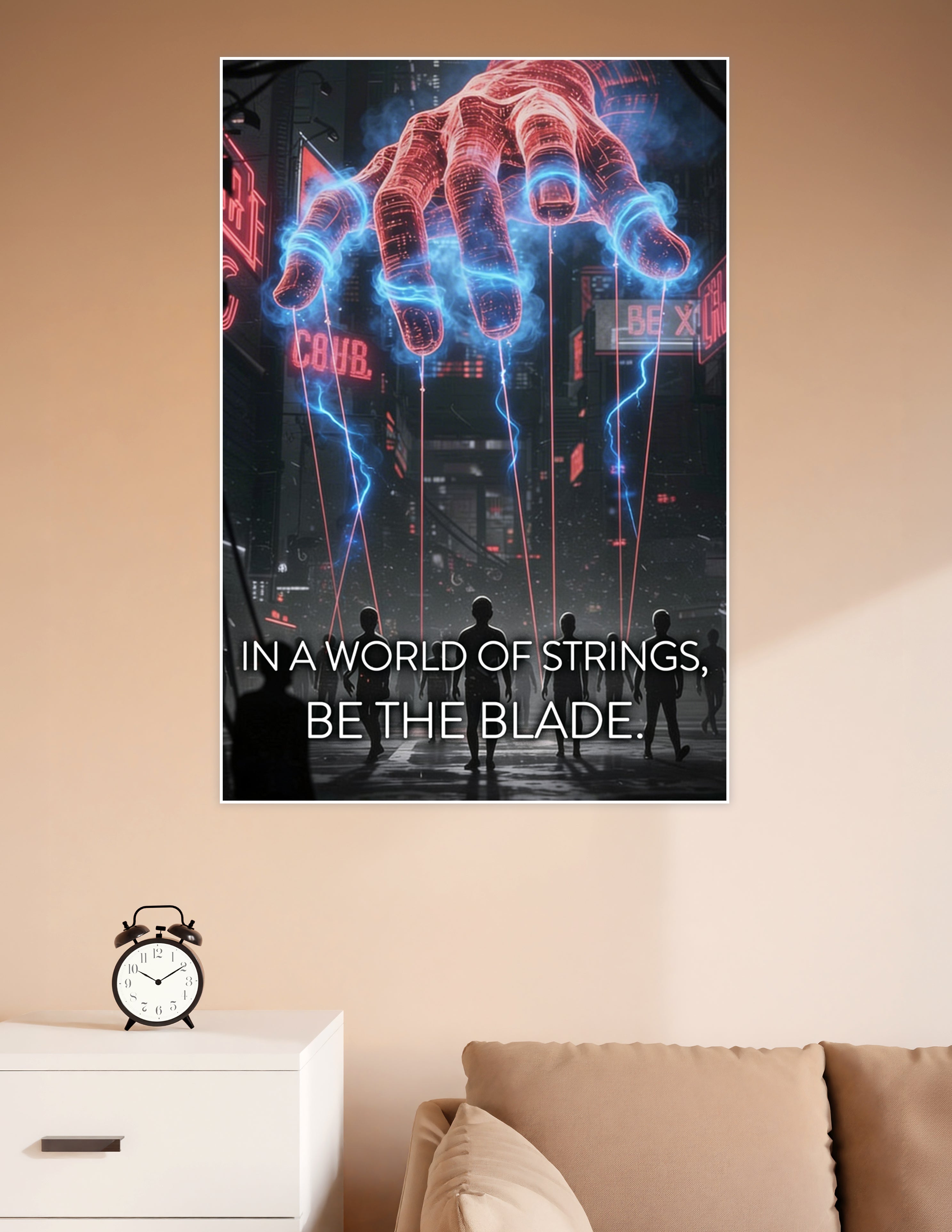 Cyberpunk poster showing a giant holographic hand pulling glowing puppet strings over silhouetted figures in a neon city with the quote In A World Of Strings Be The Blade