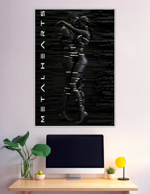 Two futuristic figures wrapped in black bands embracing against a dark textured wall, Metal Hearts cyberpunk poster print
