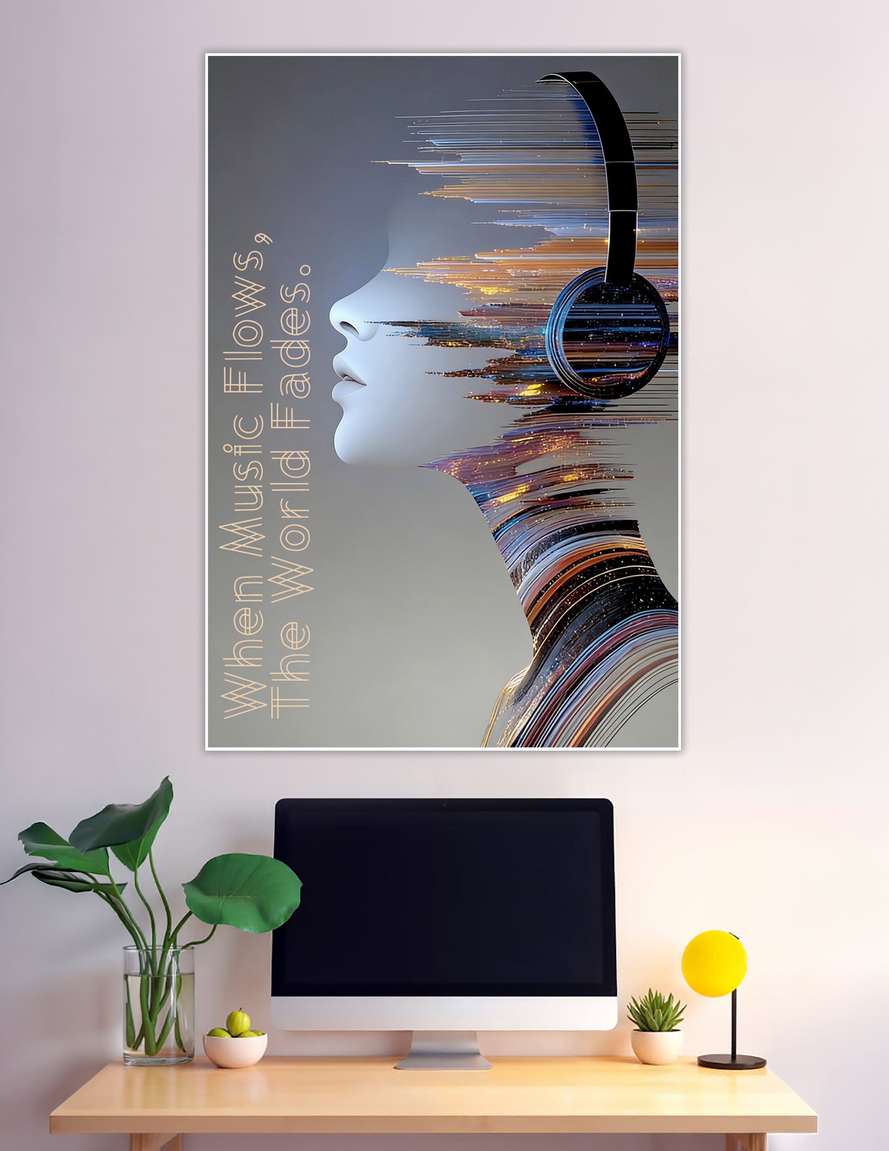 Abstract poster of a sculpted face profile wearing headphones dissolving into vibrant multicolored streaks and sound waves with the quote When Music Flows The World Fades