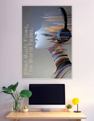 Abstract poster of a sculpted face profile wearing headphones dissolving into vibrant multicolored streaks and sound waves with the quote When Music Flows The World Fades
