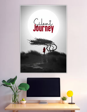 Black and white poster of a lone figure in a red coat standing beside a wind-swept tree under a glowing full moon, titled Silent Journey