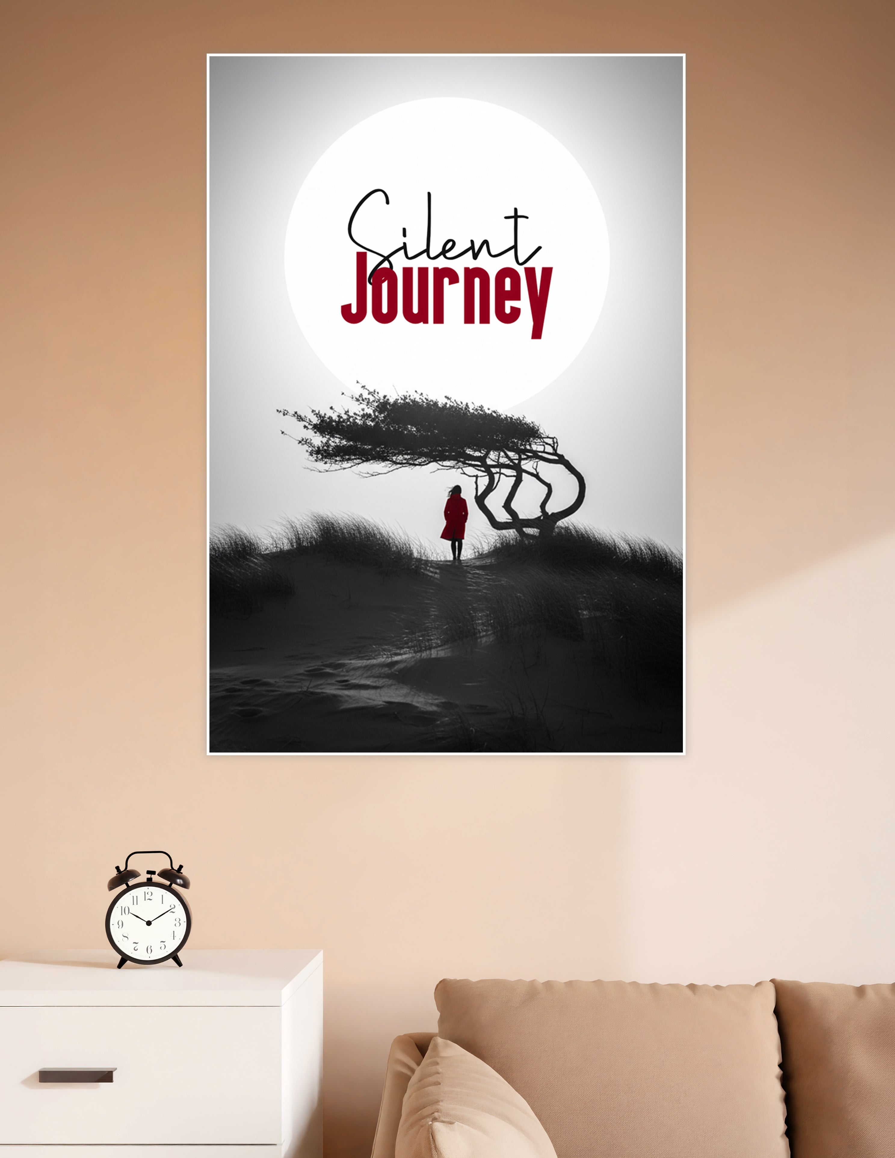 Black and white poster of a lone figure in a red coat standing beside a wind-swept tree under a glowing full moon, titled Silent Journey
