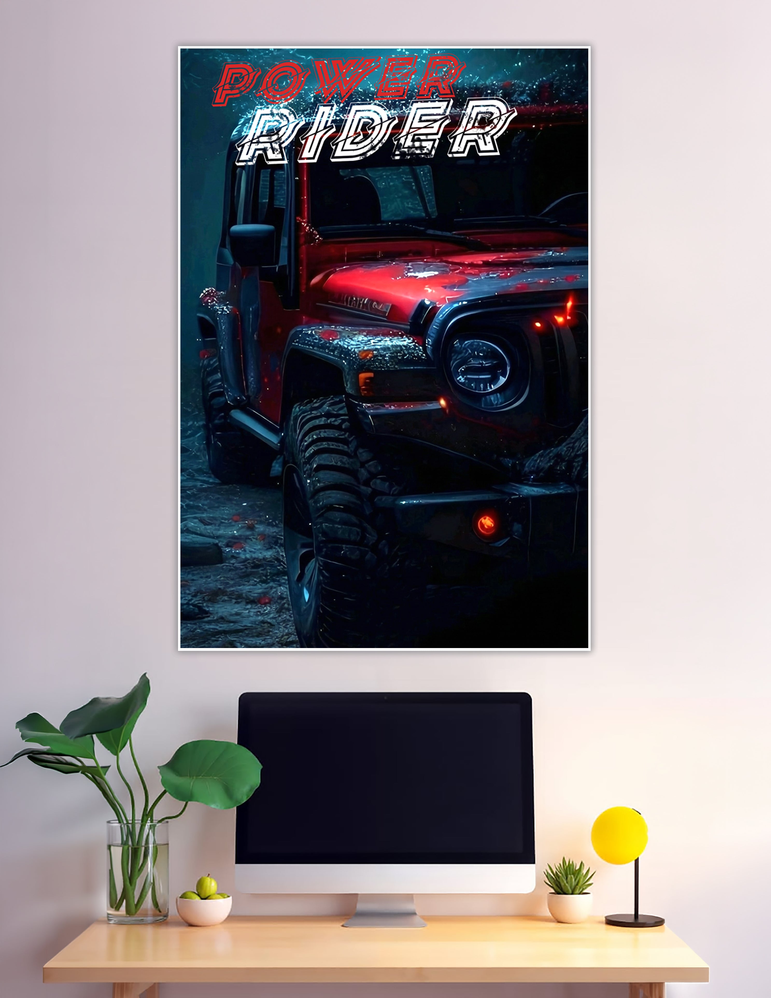 Power Rider red Jeep Wrangler off-road dark cinematic poster
