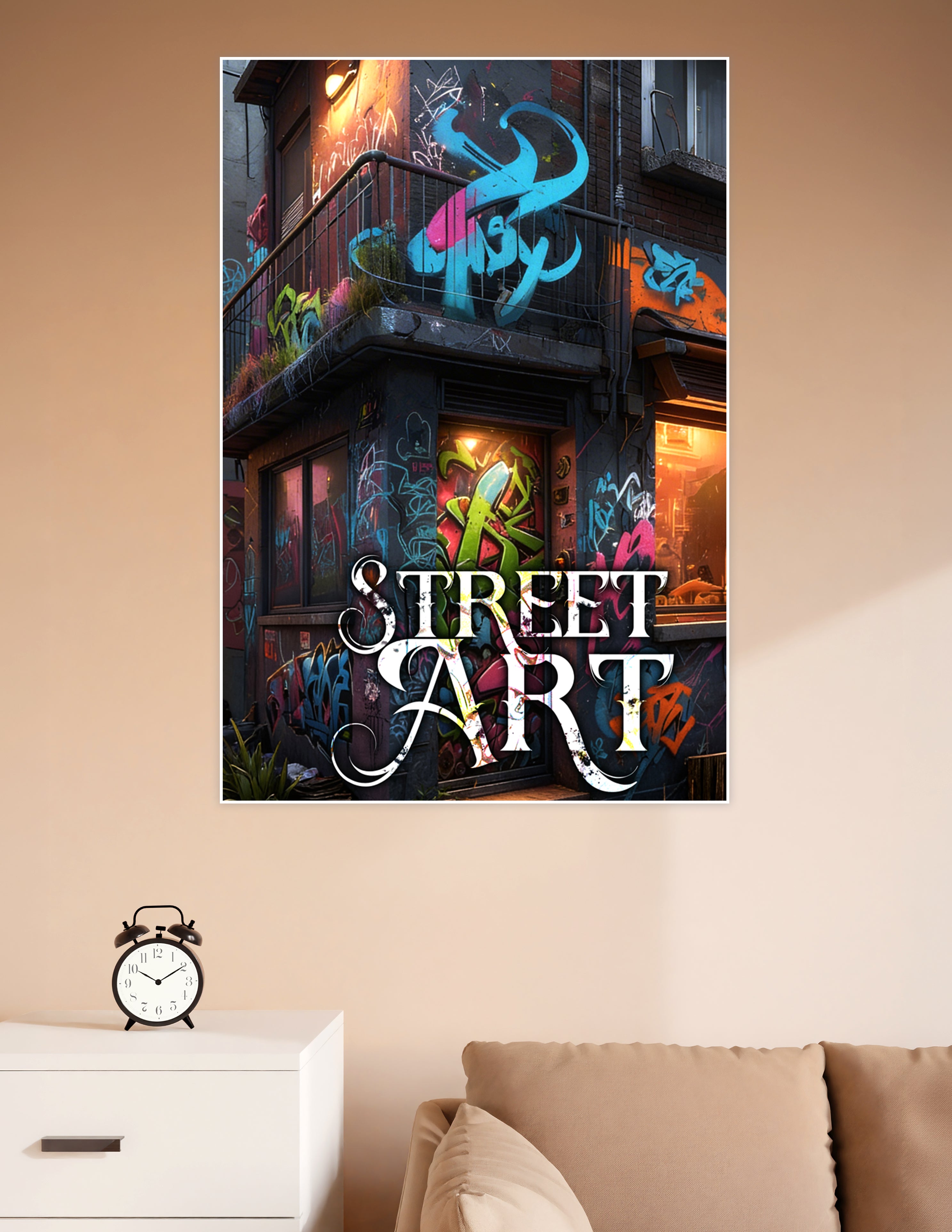 Urban building covered in colorful graffiti wildstyle lettering in neon blue, green, pink and orange under moody night lighting with Street Art text overlay