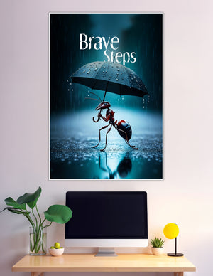 A determined red ant holding a rain-covered umbrella in a dramatic blue rainstorm with 'Brave Steps' text above, printed as a premium matte wall poster