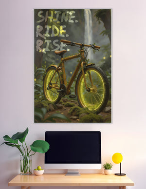 Glowing bamboo bicycle in jungle with waterfall background