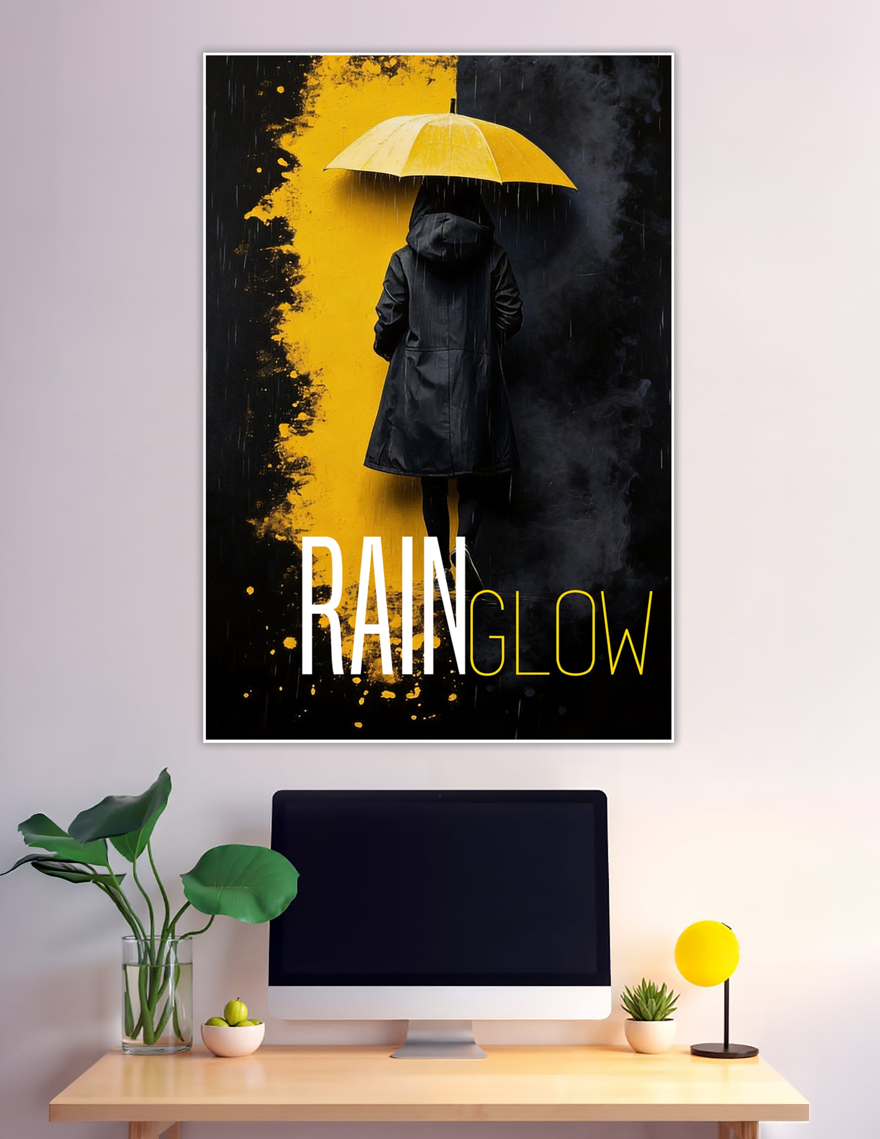 A person in a black raincoat holding a bright yellow umbrella standing against a dramatic black and yellow stormy background with the text Rain Glow