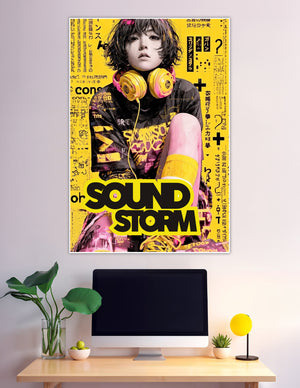 Anime-style girl with yellow headphones on a vibrant yellow background with Japanese typography and bold Sound Storm text — pop art music poster