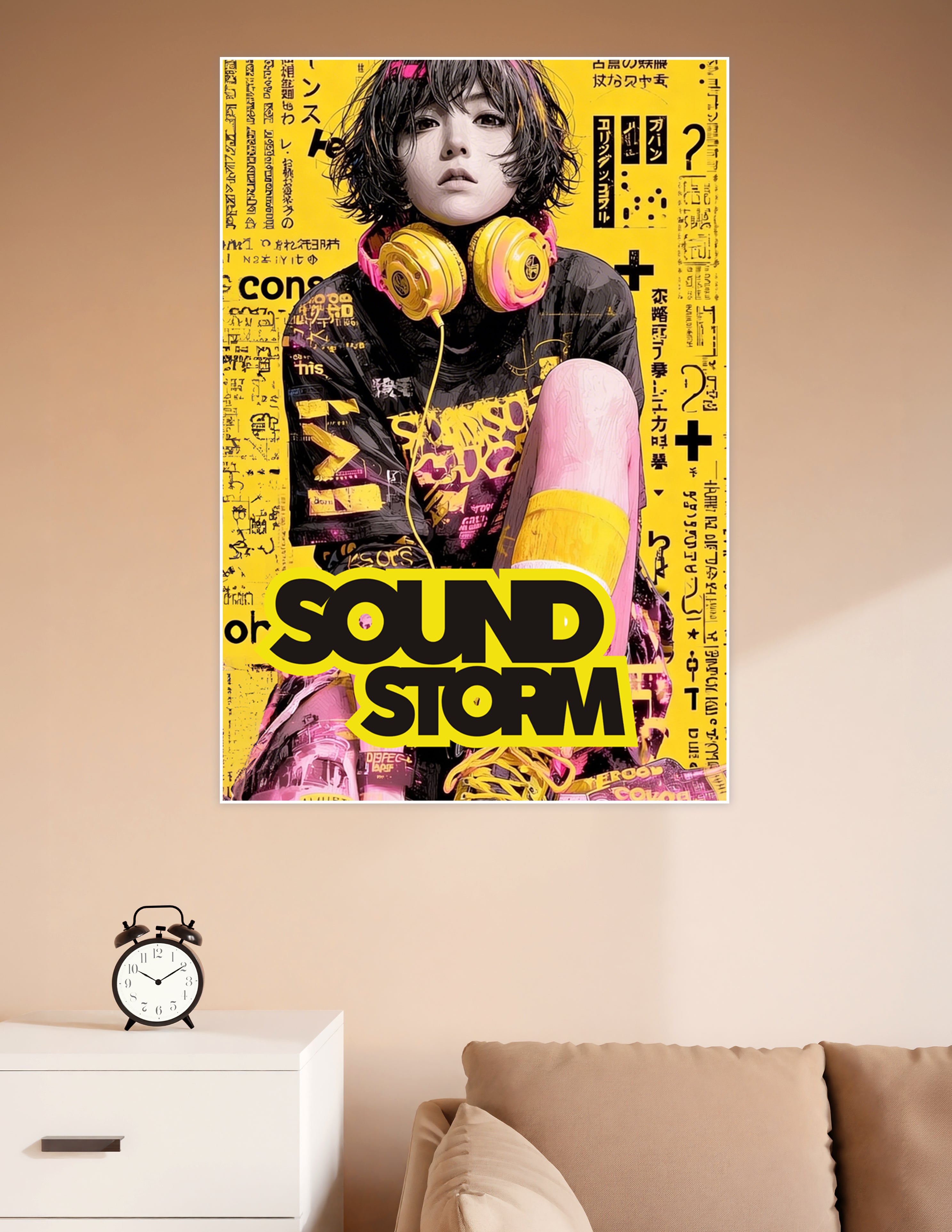Anime-style girl with yellow headphones on a vibrant yellow background with Japanese typography and bold Sound Storm text — pop art music poster