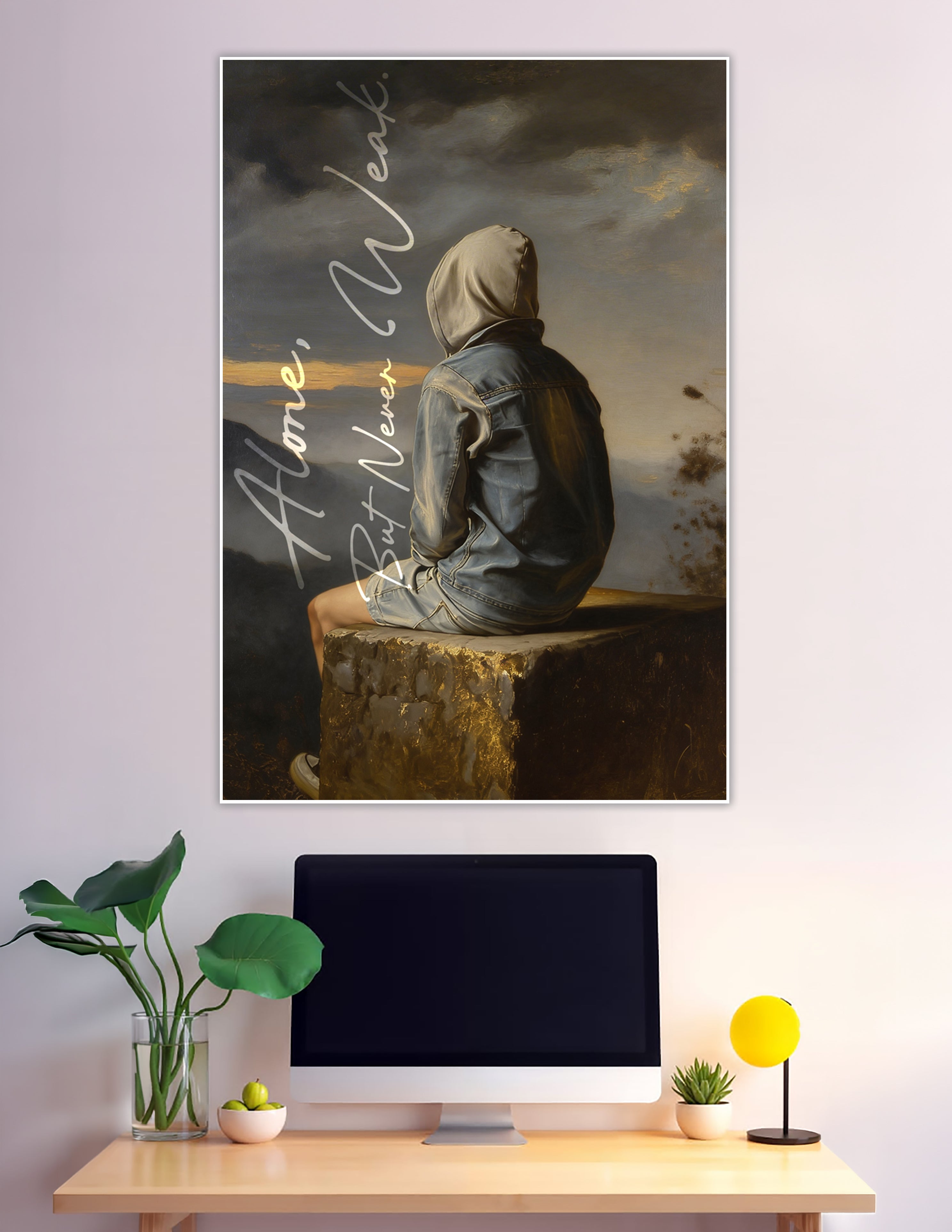 Hooded figure sitting on stone facing stormy sky poster