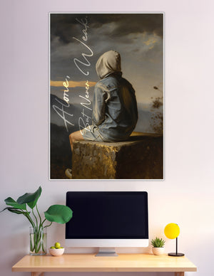 Hooded figure sitting on stone facing stormy sky poster