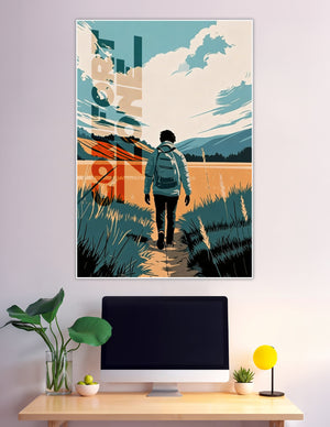 Retro-style illustration poster of a lone hiker with a backpack walking a trail through golden meadows toward misty mountains under a dramatic teal sky