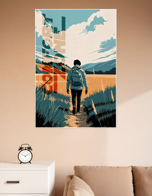 Retro-style illustration poster of a lone hiker with a backpack walking a trail through golden meadows toward misty mountains under a dramatic teal sky