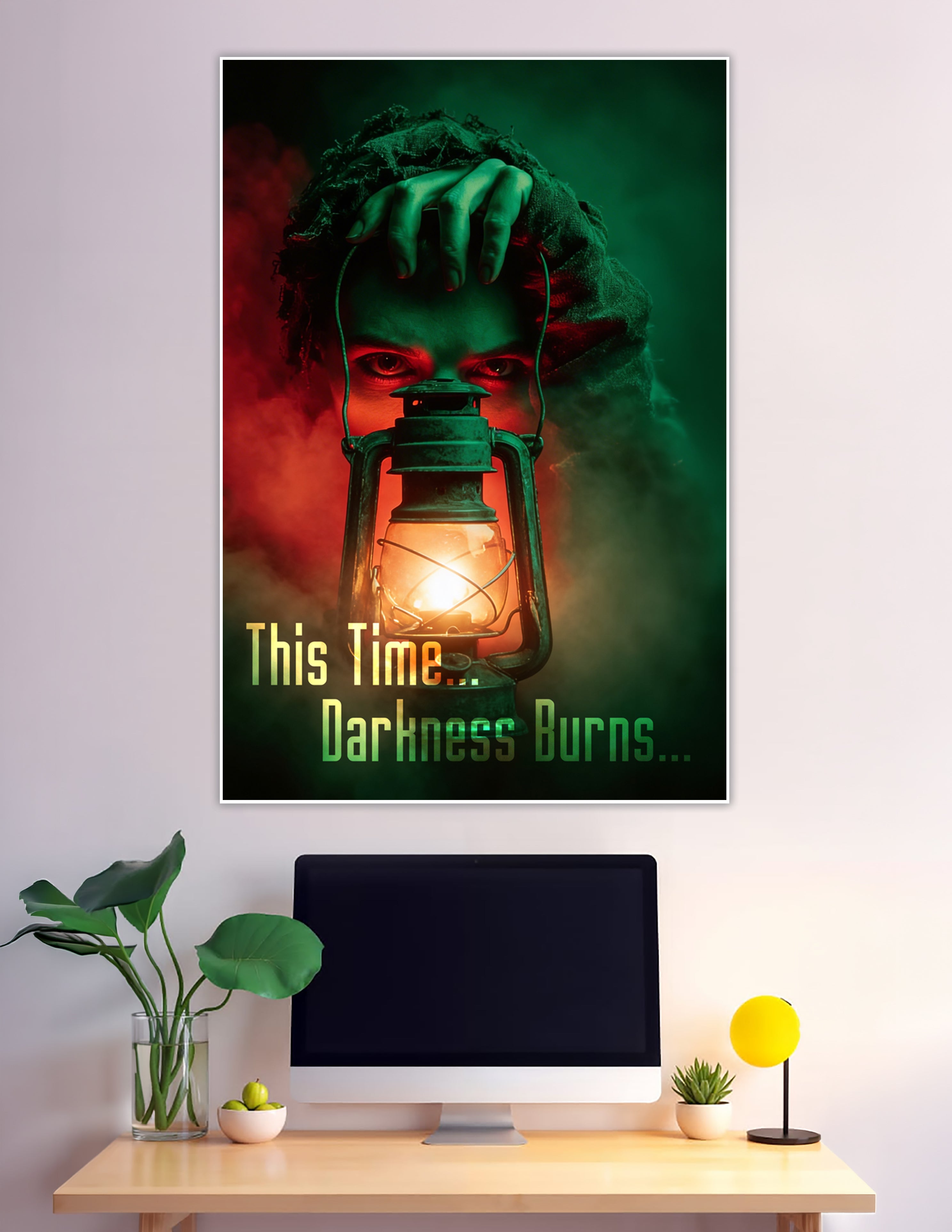 Creepy cloaked figure with red eyes holding vintage lantern
