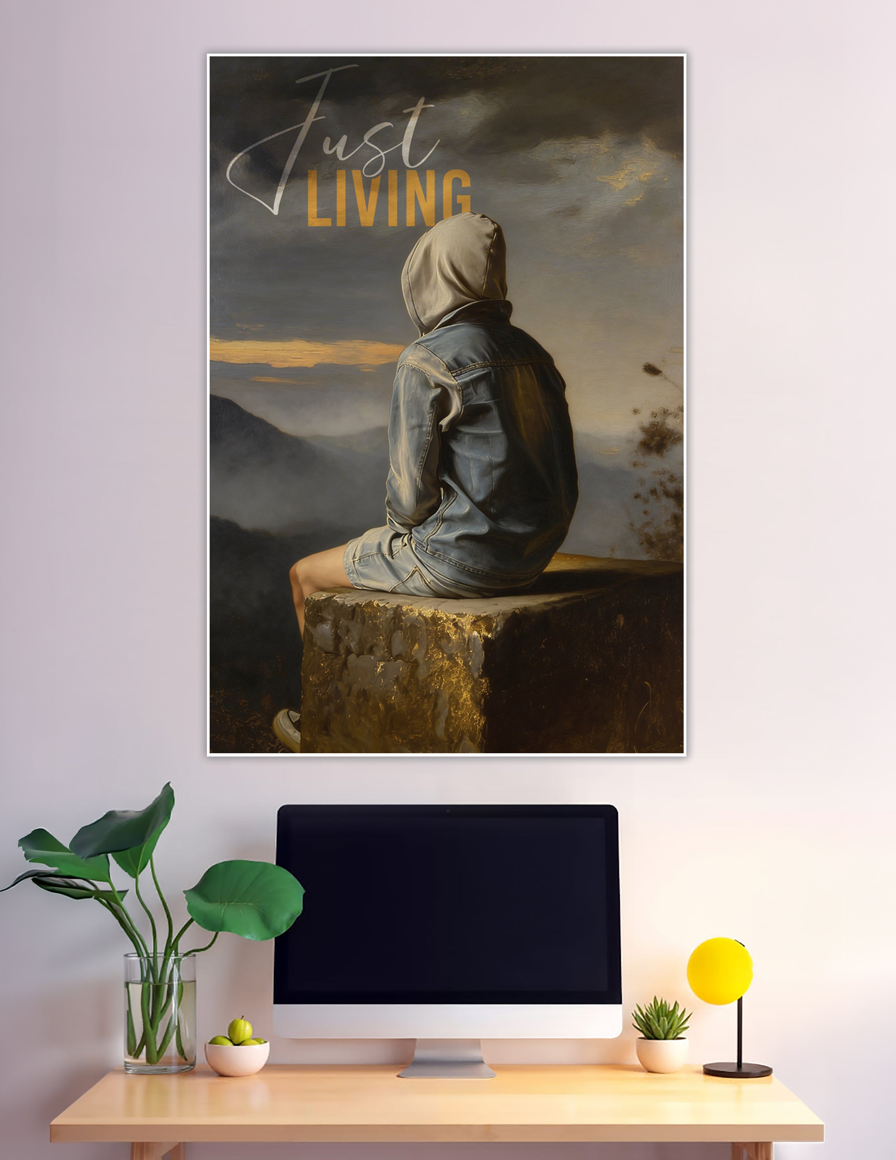 Painterly poster of a hooded figure in a denim jacket sitting on a stone ledge overlooking a misty mountain landscape with gold accents and the text Just Living