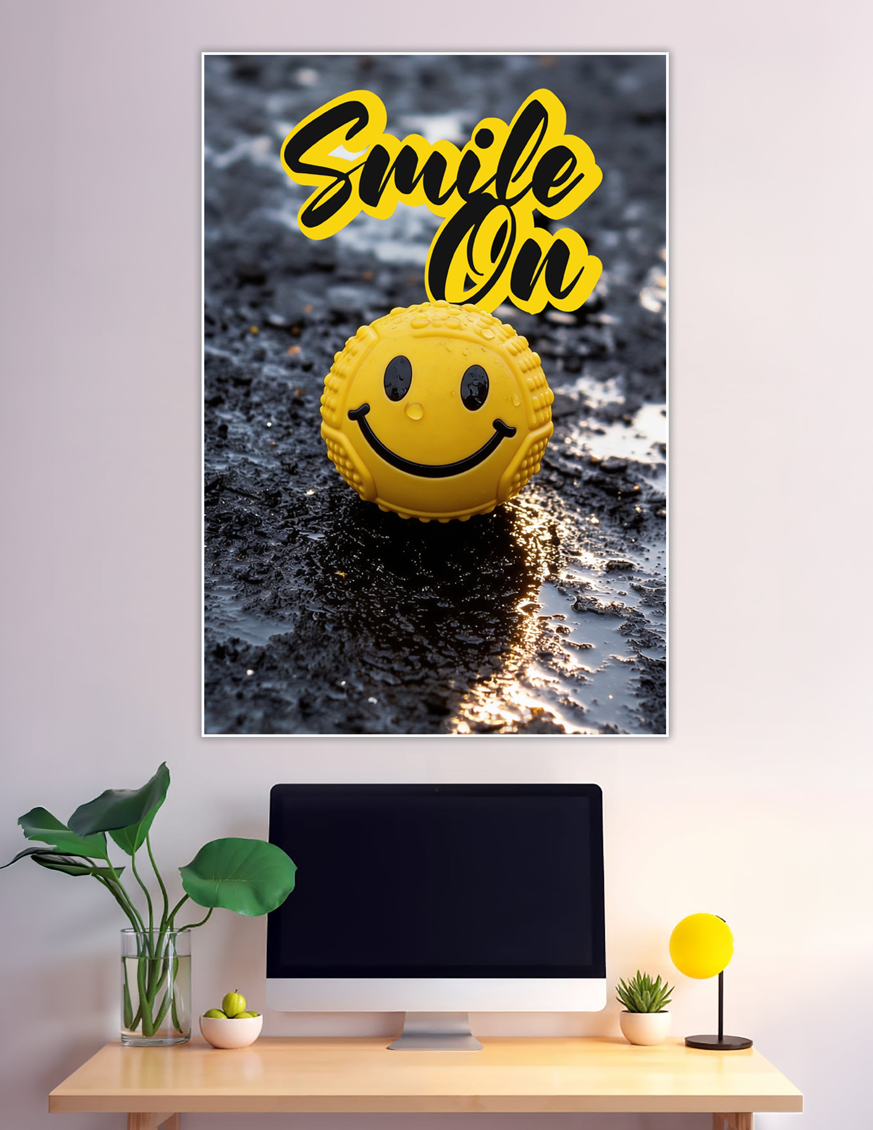 Yellow smiley face ball on wet pavement with Smile On text