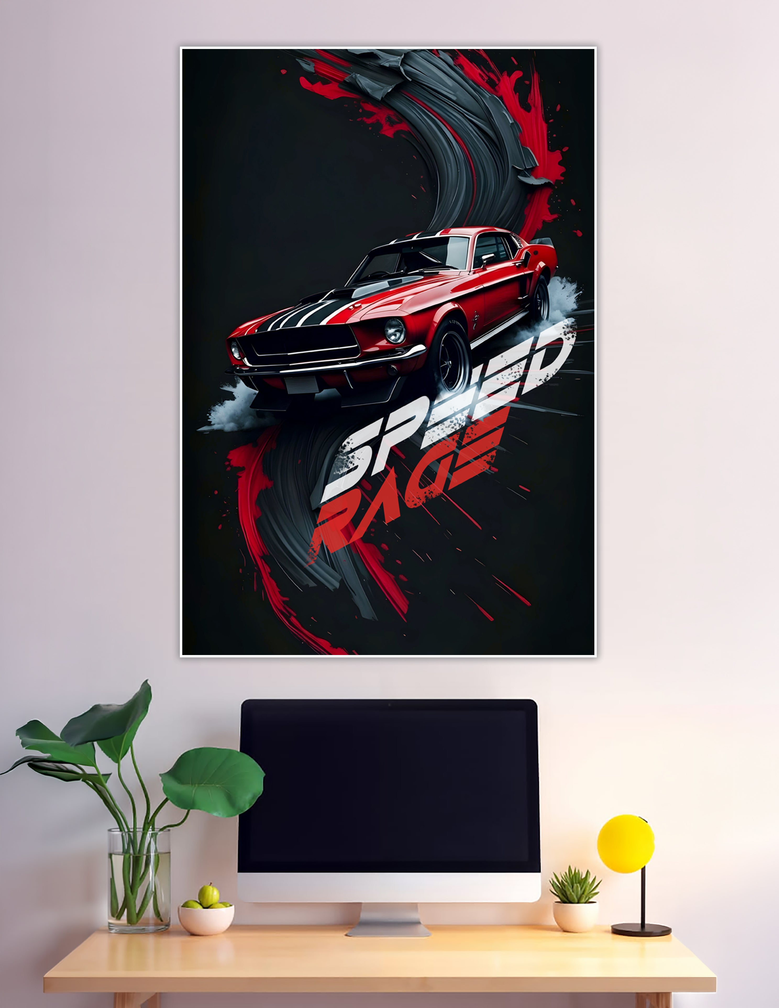 Red classic Mustang Speed Rage automotive art poster