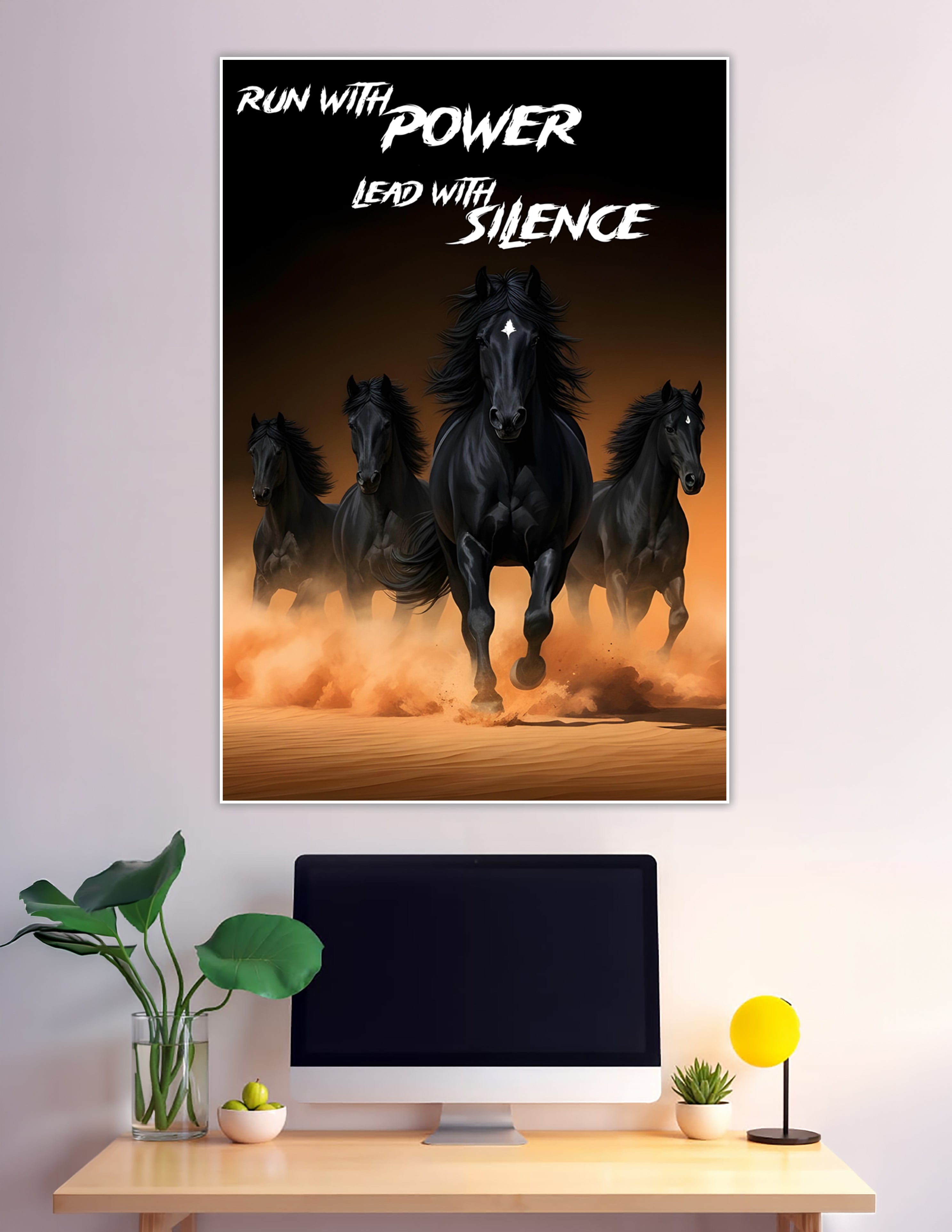 Four black horses charging through desert dust motivational poster