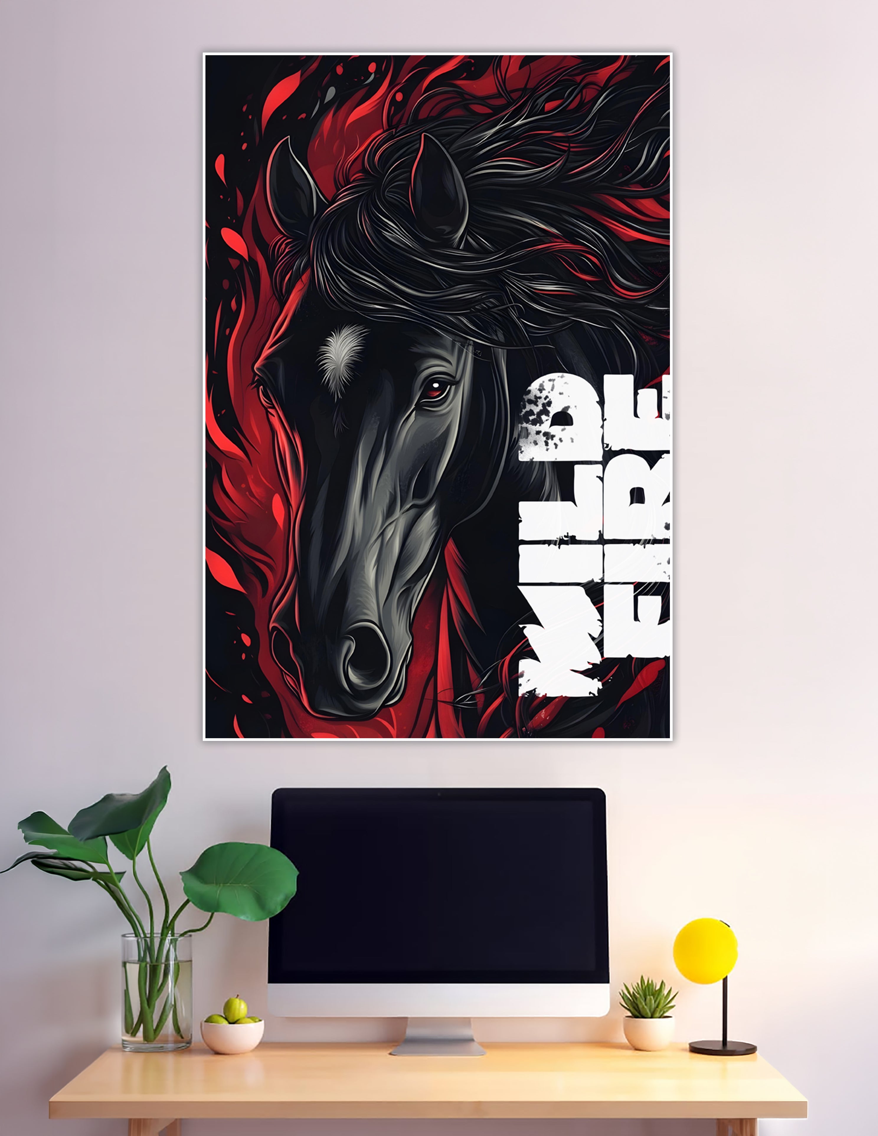 Dark fantasy black stallion horse with red fire mane poster