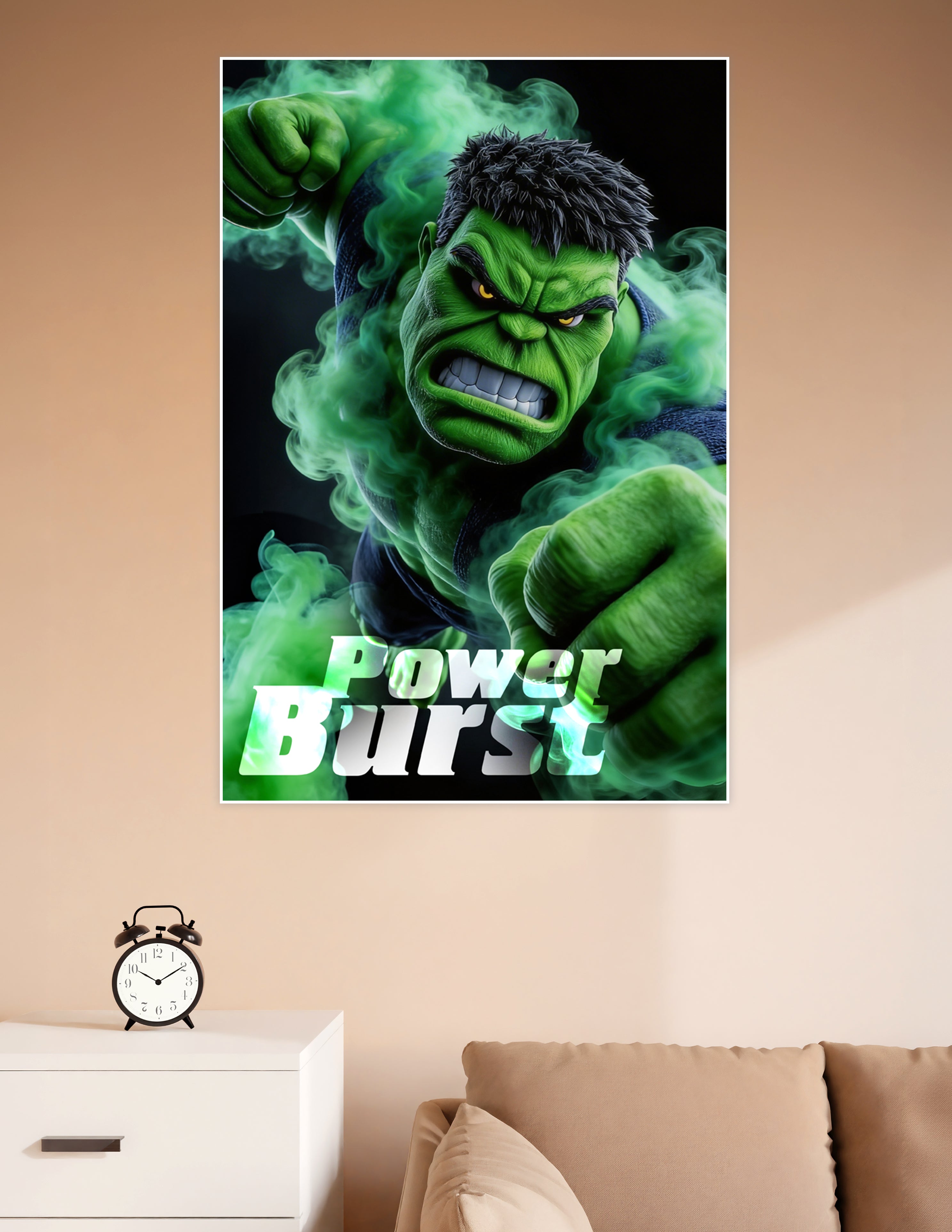 Hulk Power Burst poster showing the Hulk in an aggressive fighting stance surrounded by swirling green smoke with bold Power Burst text