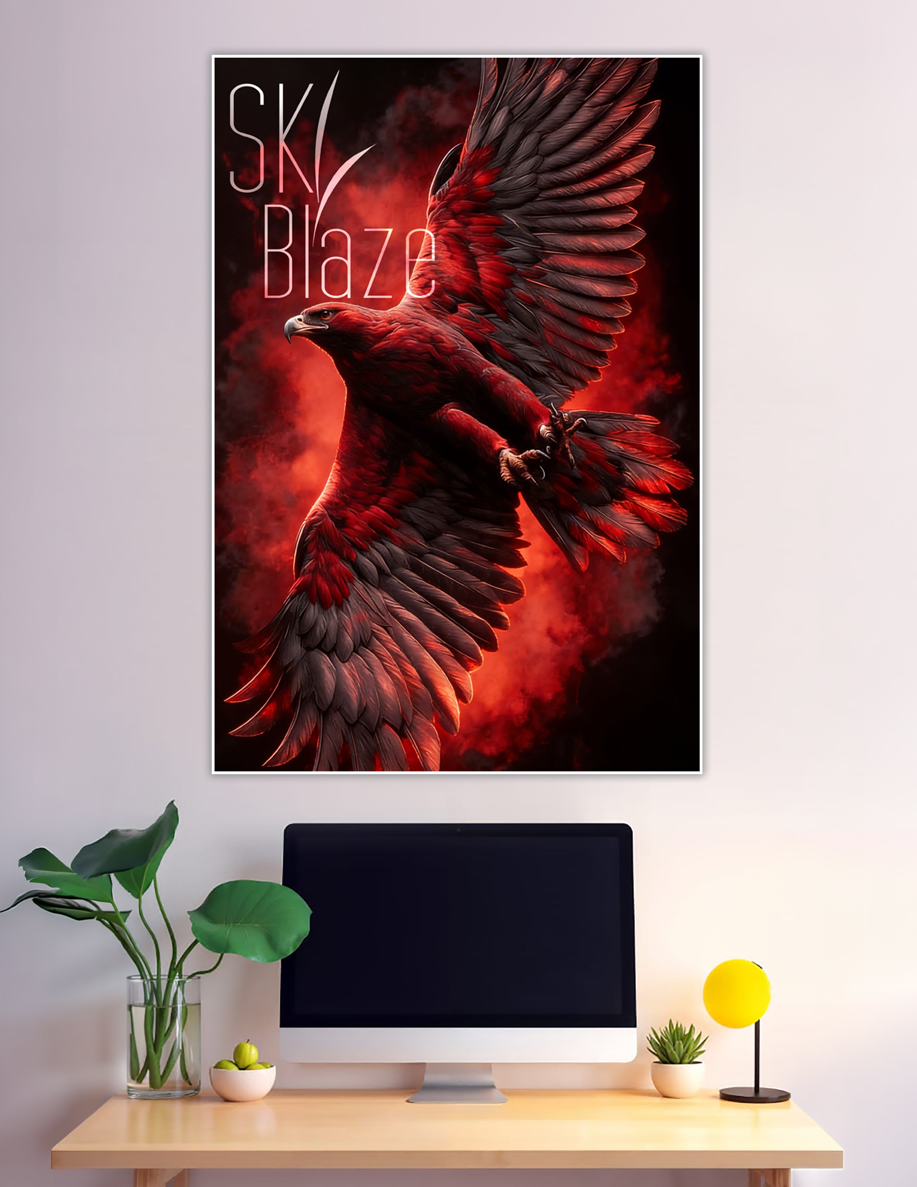 Sky Blaze poster featuring a majestic crimson eagle in mid-flight with wings spread wide against a dramatic red smoke and dark background