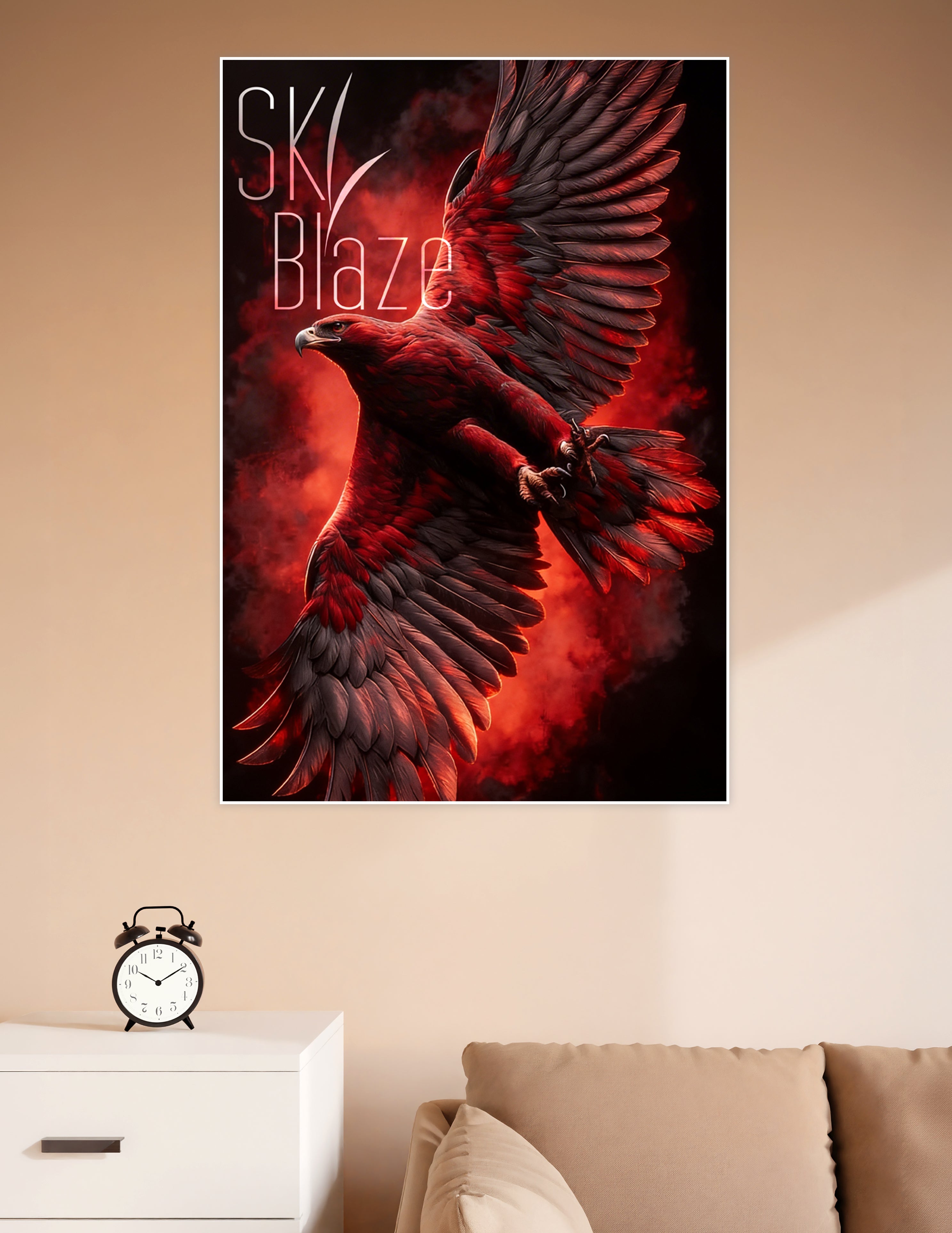 Sky Blaze poster featuring a majestic crimson eagle in mid-flight with wings spread wide against a dramatic red smoke and dark background