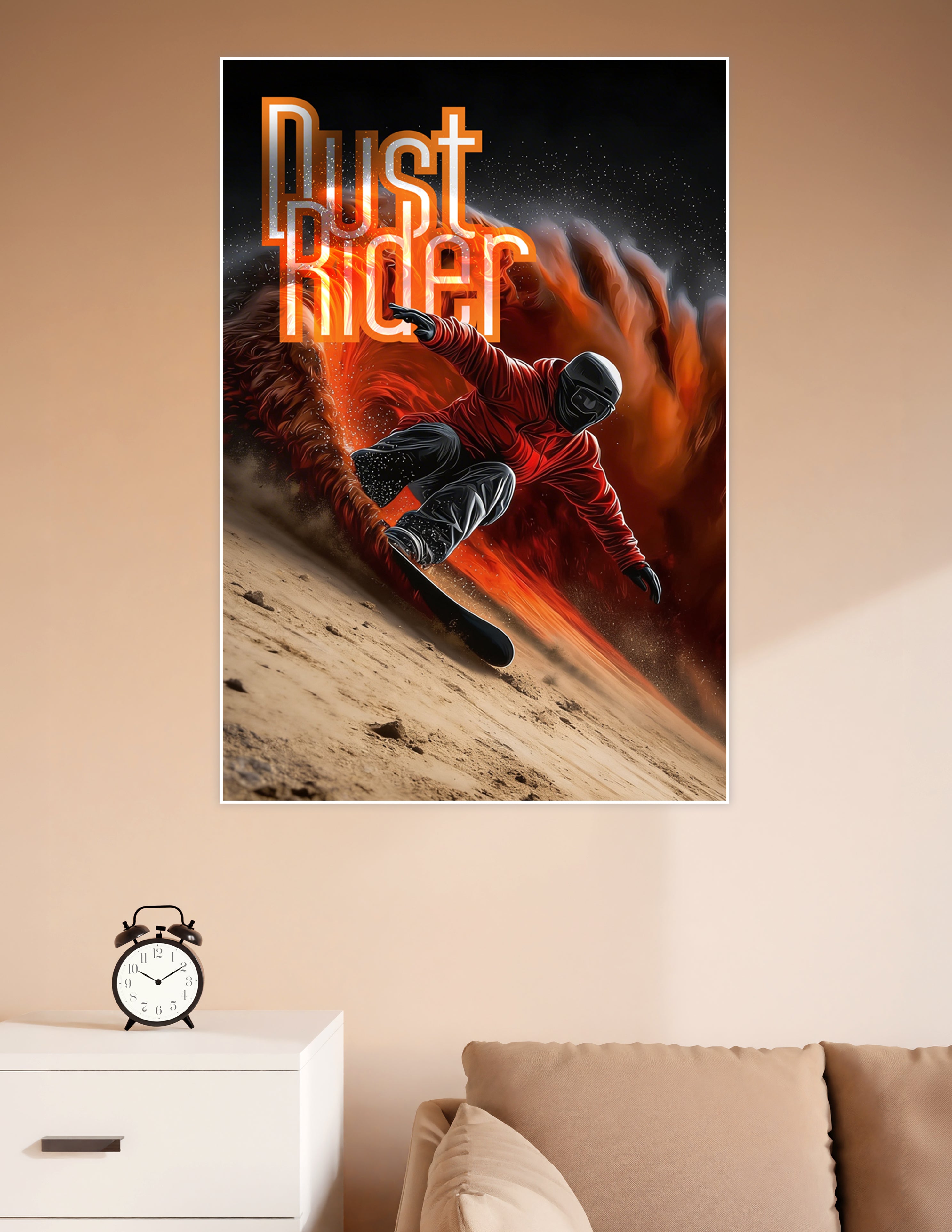 Dust Rider poster showing a helmeted sandboarder in a red jacket carving down a desert dune surrounded by swirling fire and dust clouds