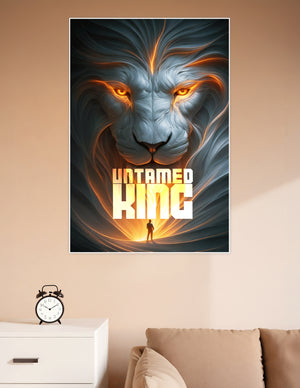 Massive glowing silver lion with fiery amber eyes and a lone human figure standing beneath bold 'Untamed King' text in dramatic orange light