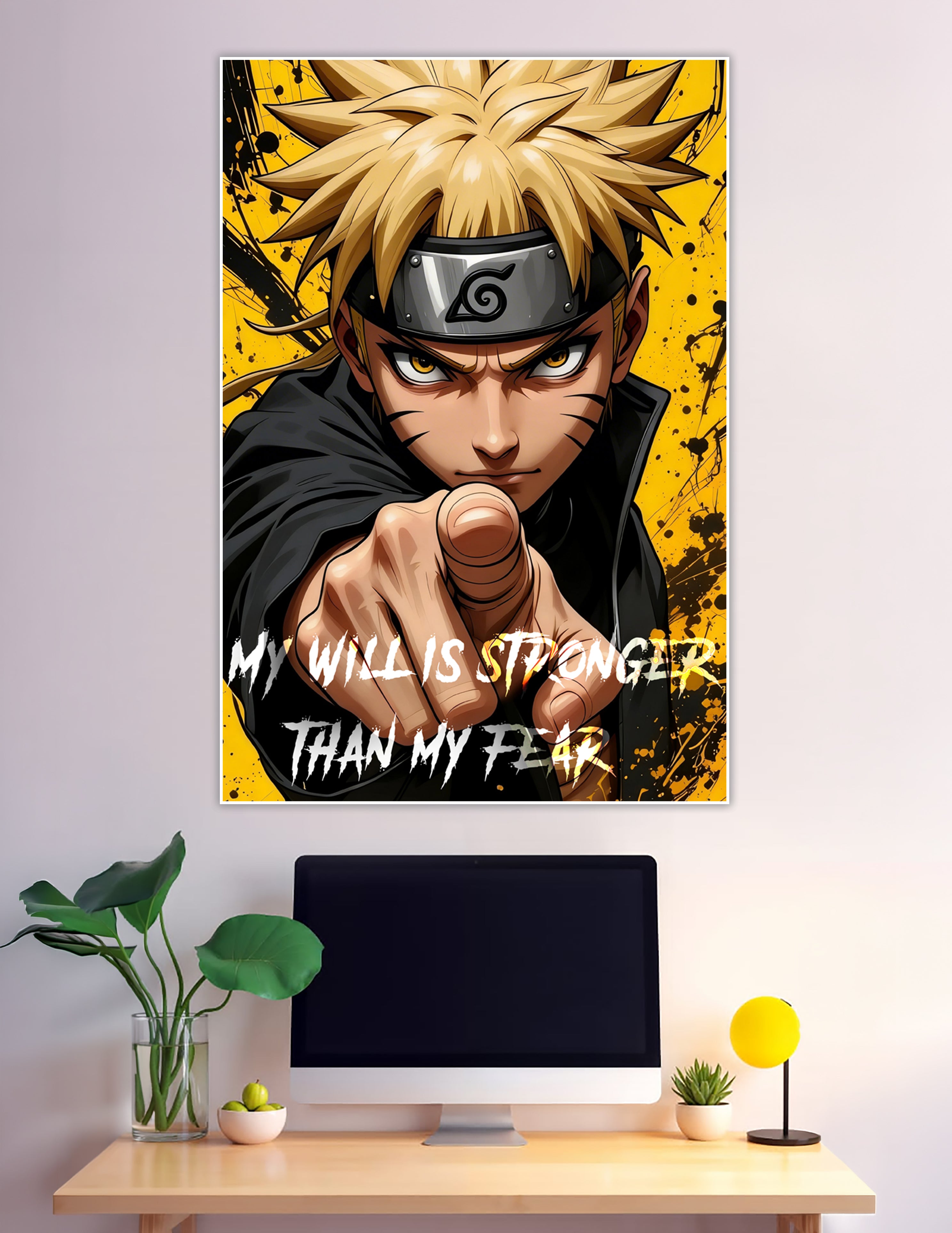 Naruto pointing forward with motivational quote on yellow background