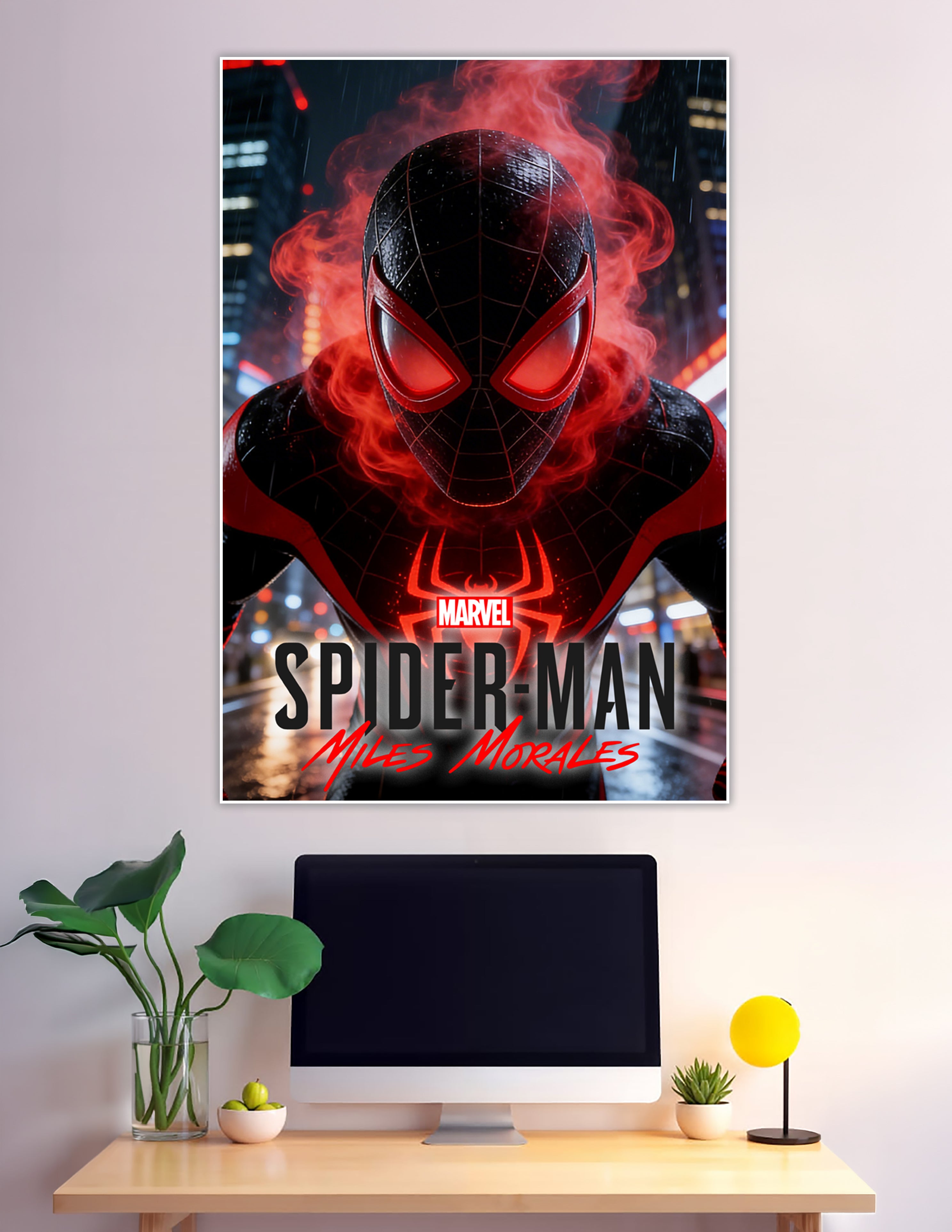 Marvel Spider-Man Miles Morales in black and red suit surrounded by glowing red energy in rainy New York City poster