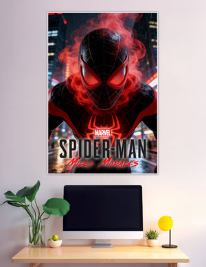 Marvel Spider-Man Miles Morales in black and red suit surrounded by glowing red energy in rainy New York City poster