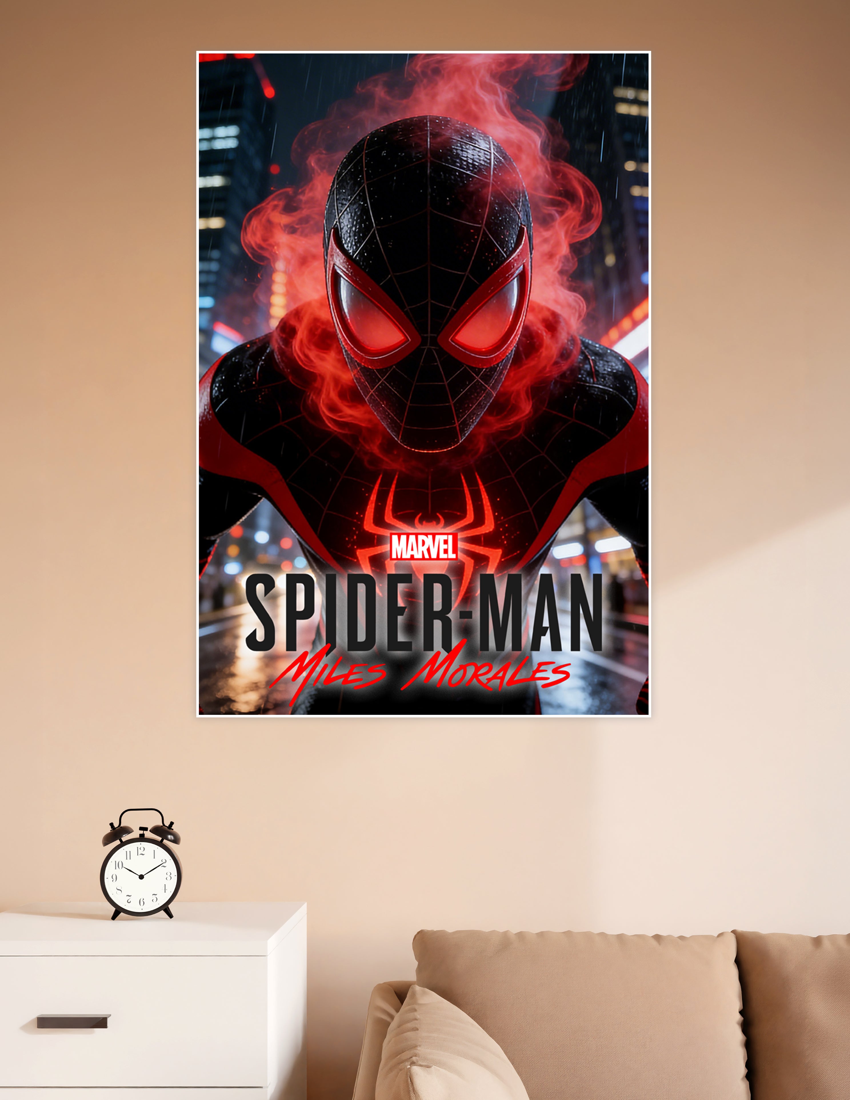 Marvel Spider-Man Miles Morales in black and red suit surrounded by glowing red energy in rainy New York City poster