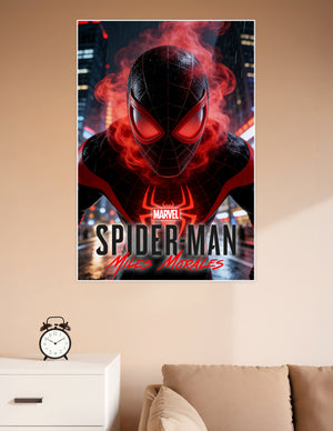 Marvel Spider-Man Miles Morales in black and red suit surrounded by glowing red energy in rainy New York City poster