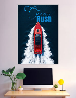 Aerial view red speedboat ocean rush white wake poster