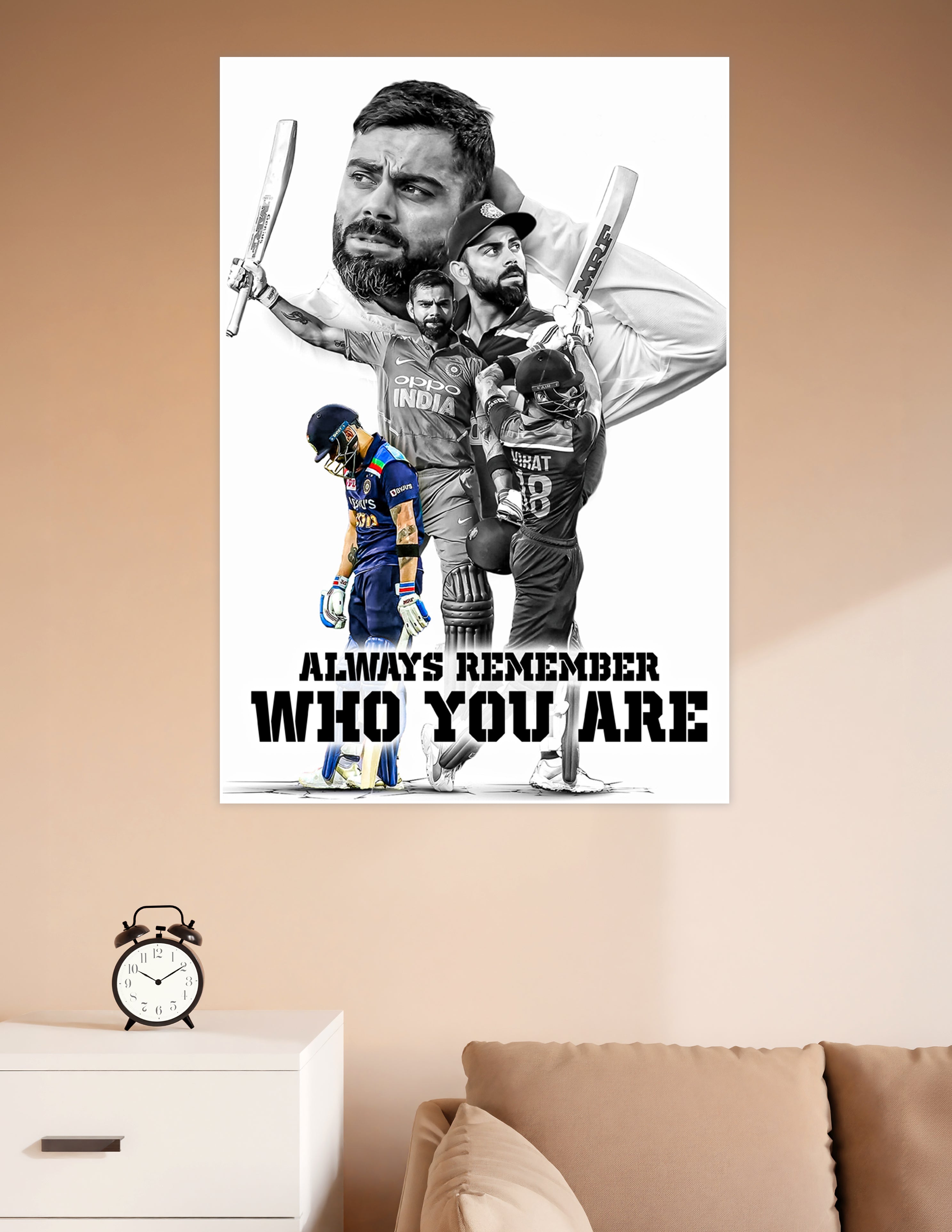 Motivational cricket poster featuring multiple action shots in black and white with one color image and the bold quote Always Remember Who You Are