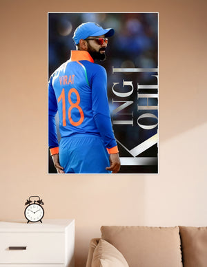 Virat Kohli wearing Indian cricket blue jersey number 18 with King Kohli typography poster