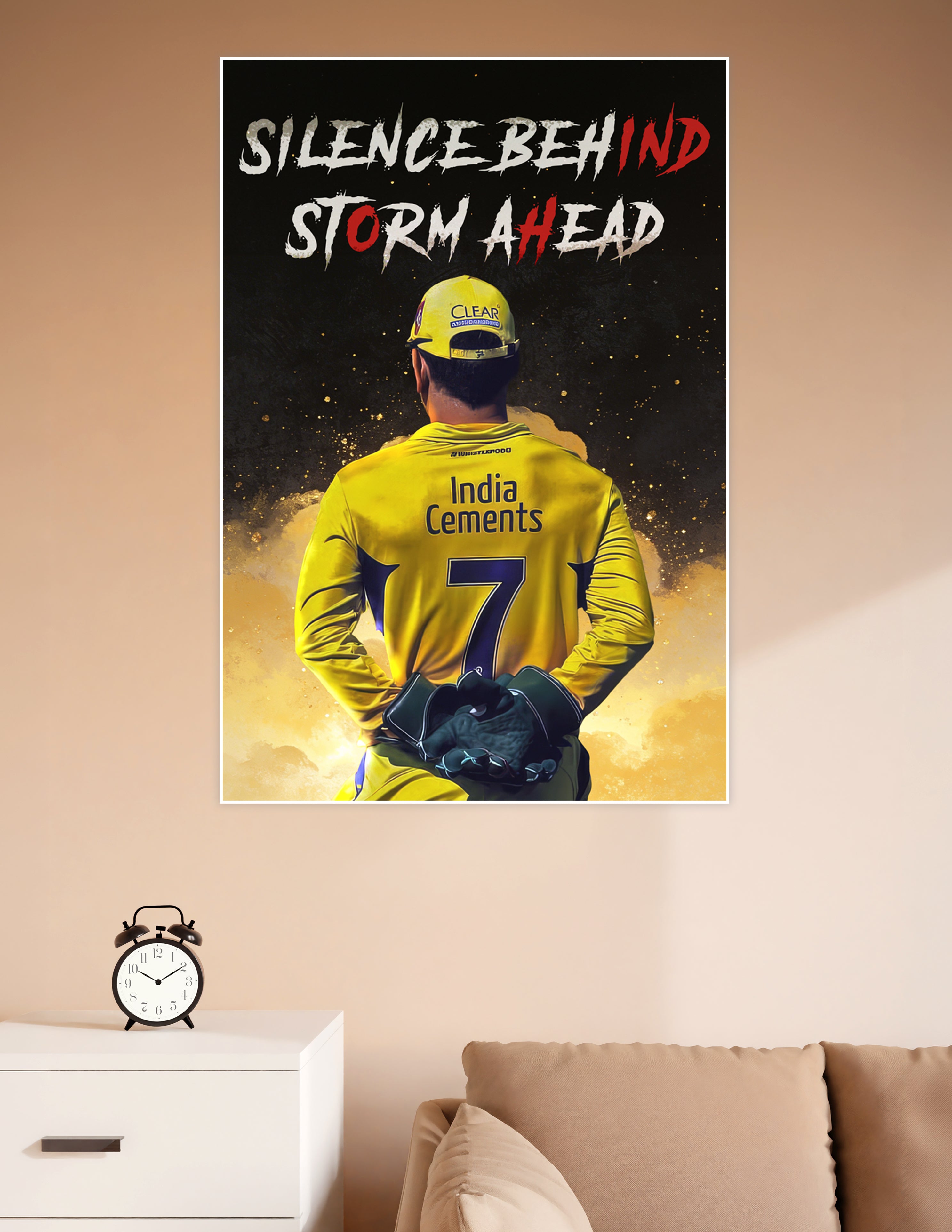 MS Dhoni CSK yellow jersey Number 7 poster with text Silence Behind Storm Ahead on dark dramatic background