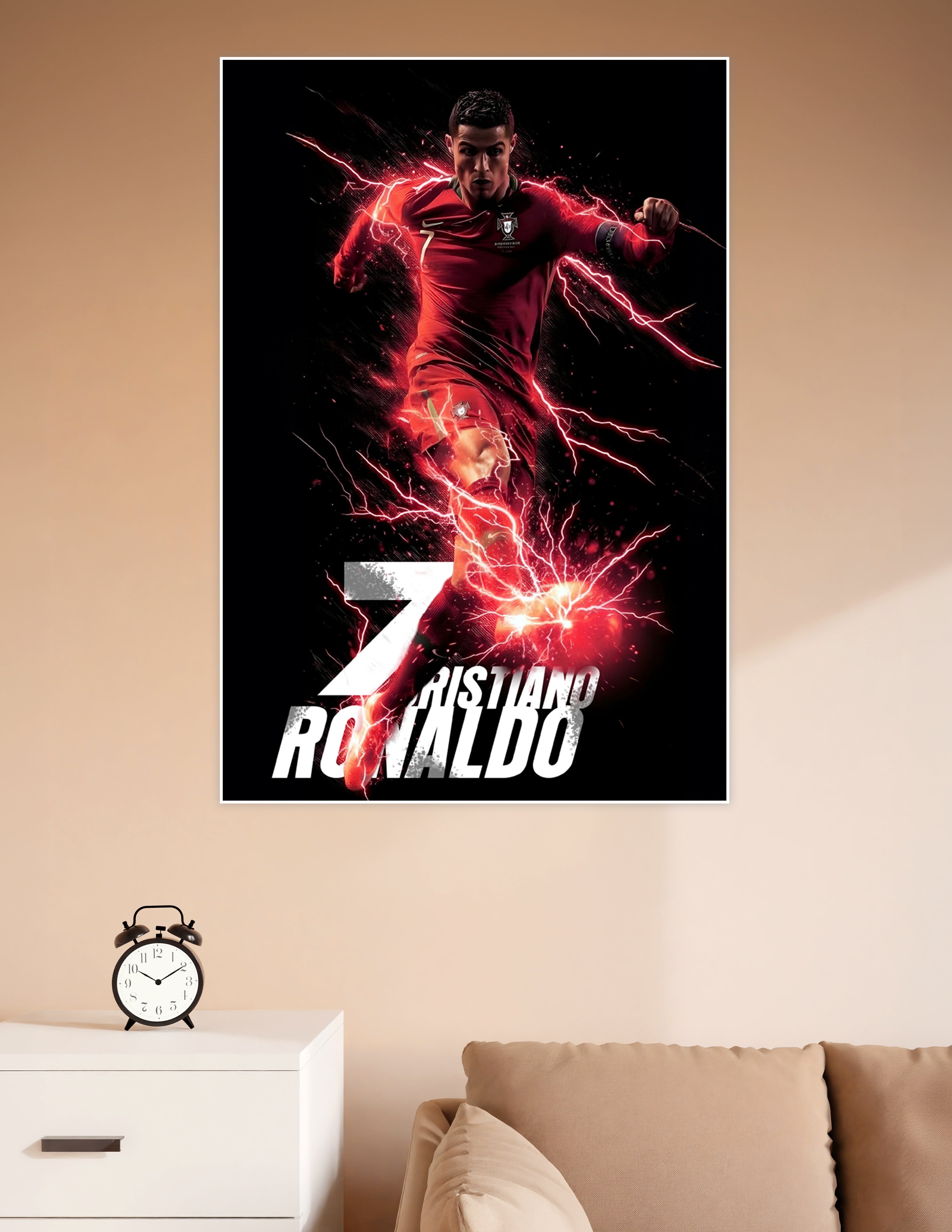 Cristiano Ronaldo CR7 in Portugal red jersey surrounded by red lightning bolts on a dark background with number 7 text