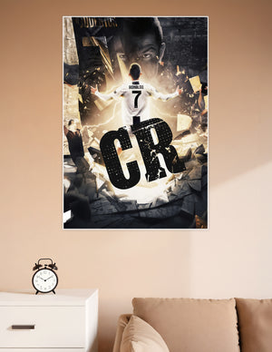 CR7 Cristiano Ronaldo Juventus Number 7 jersey dramatic lightning shatter effect wall poster with bold CR initials