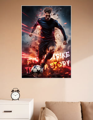 Dynamic soccer player striking a ball surrounded by red fire trails and explosive effects with motivational text 'Every Strike Tells a Story' on a dark dramatic background